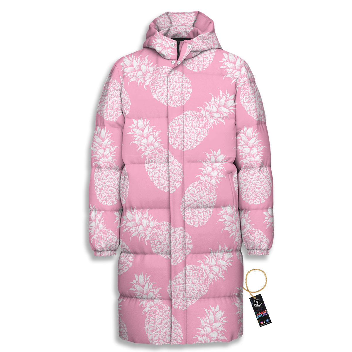 Pineapple Pink Print Pattern Long Down Jacket-grizzshop