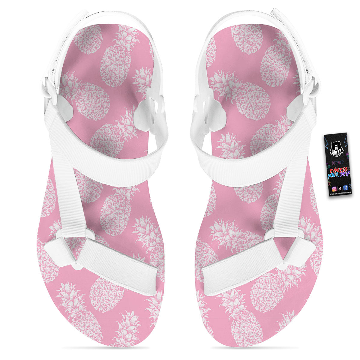 Pineapple Pink Print Pattern White Open Toe Sandals-grizzshop