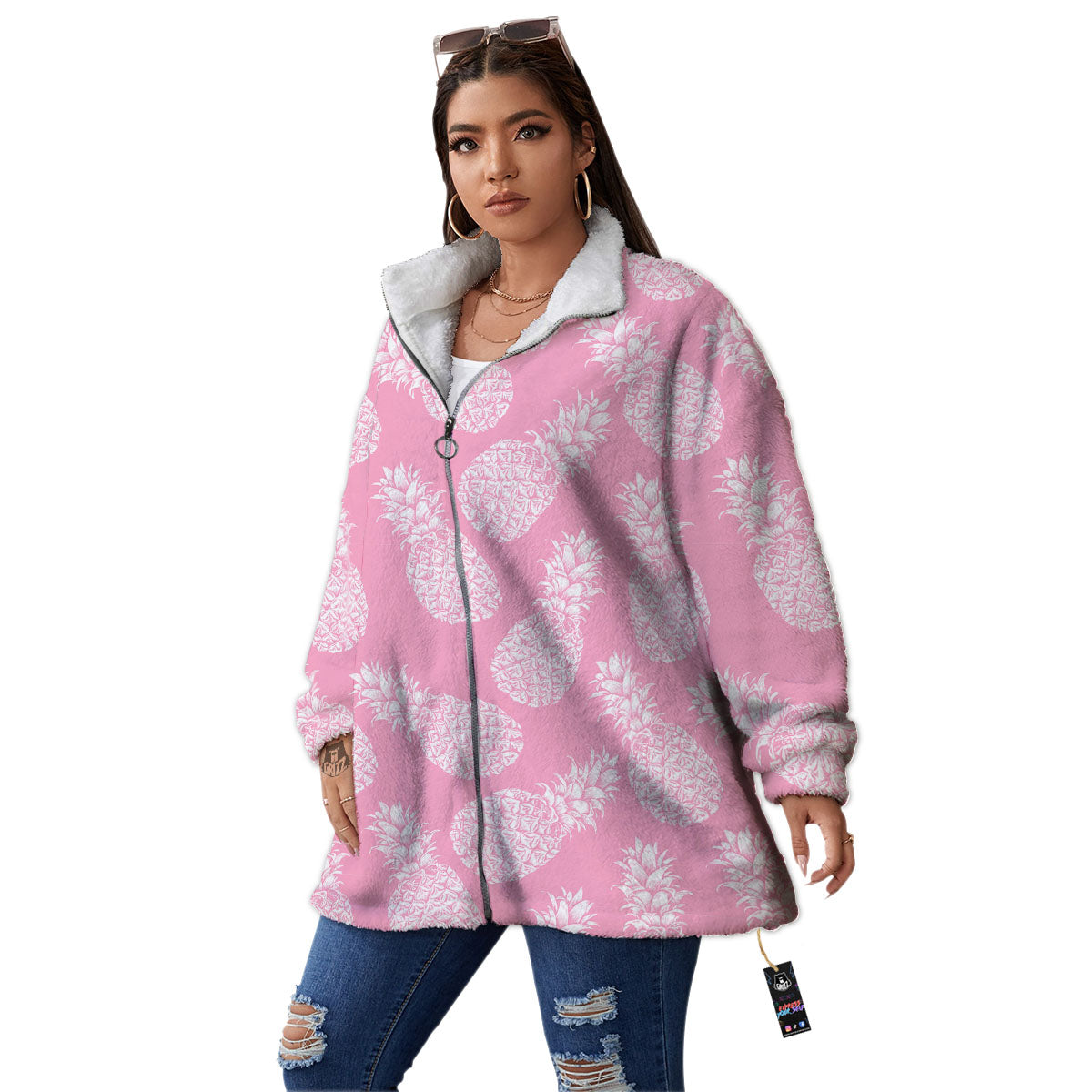 Pineapple Pink Print Pattern Women's Sherpa Jacket-grizzshop