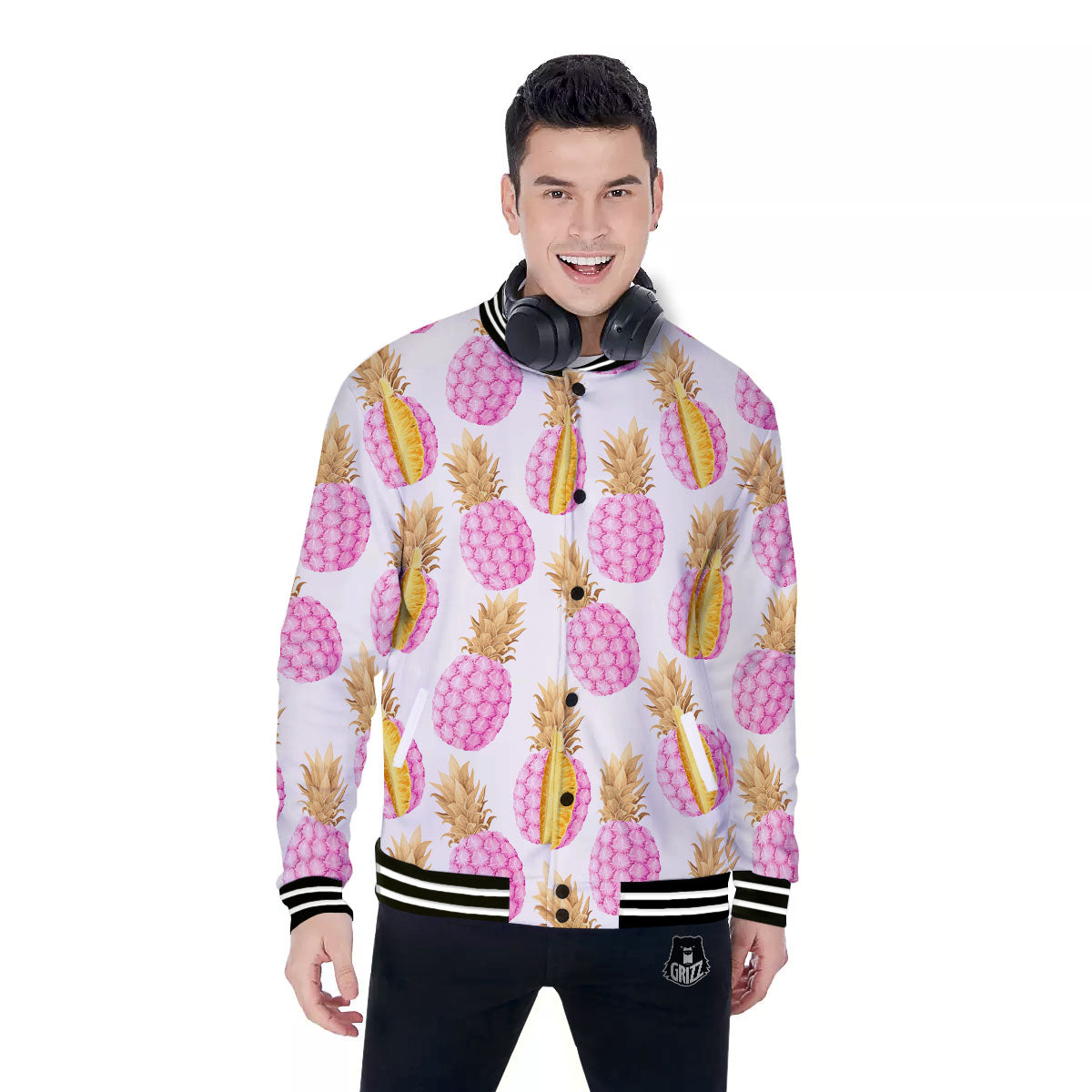 Pineapple Pink Vintage Print Pattern Baseball Jacket-grizzshop