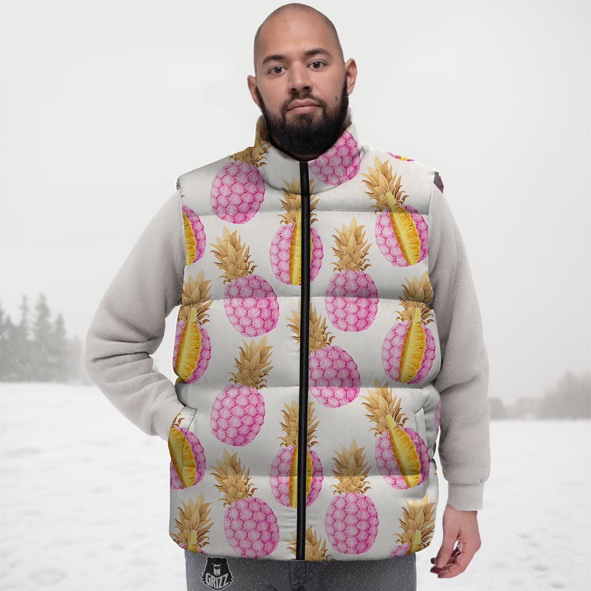 Pineapple Pink Vintage Print Pattern Down Vest-grizzshop