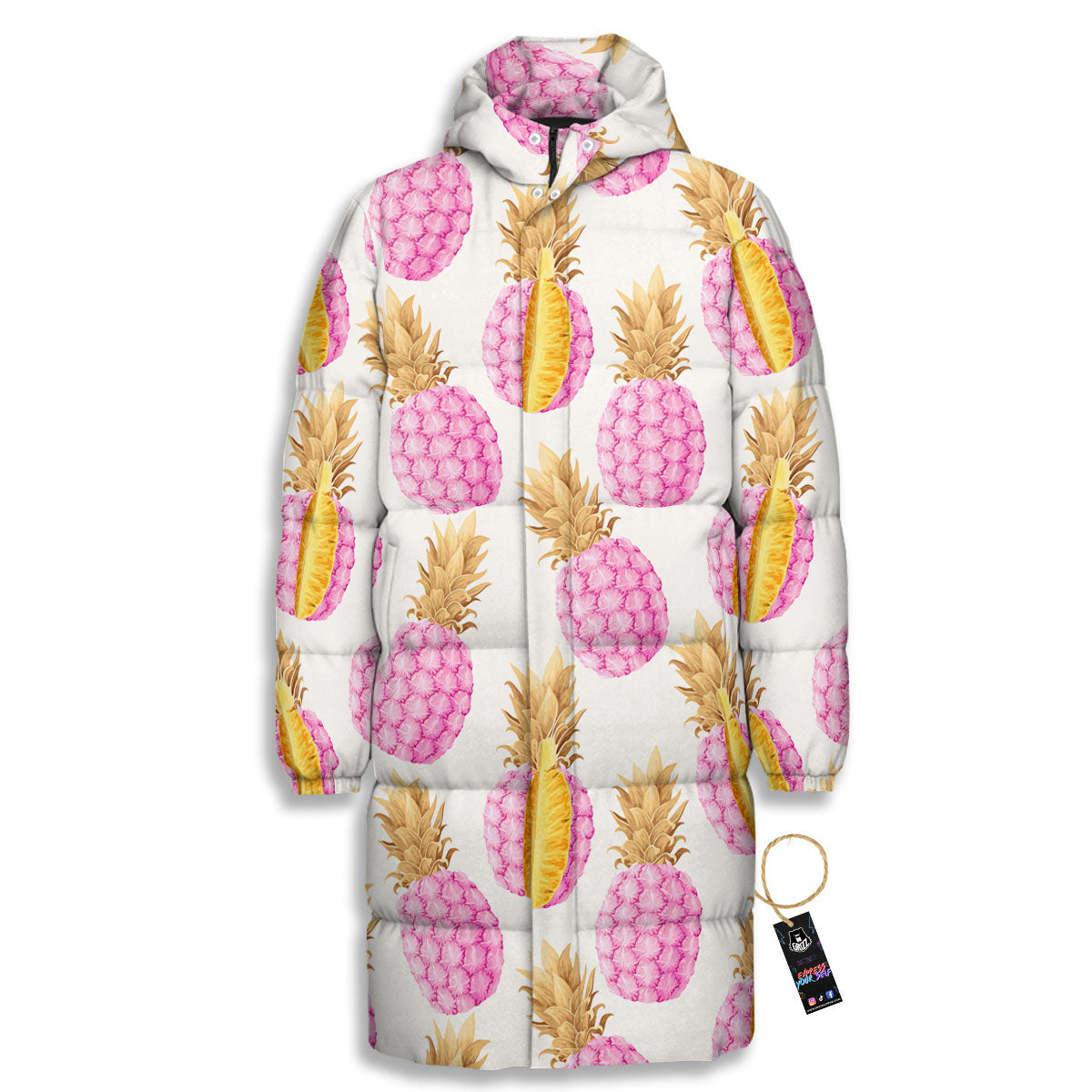 Pineapple Pink Vintage Print Pattern Long Down Jacket-grizzshop