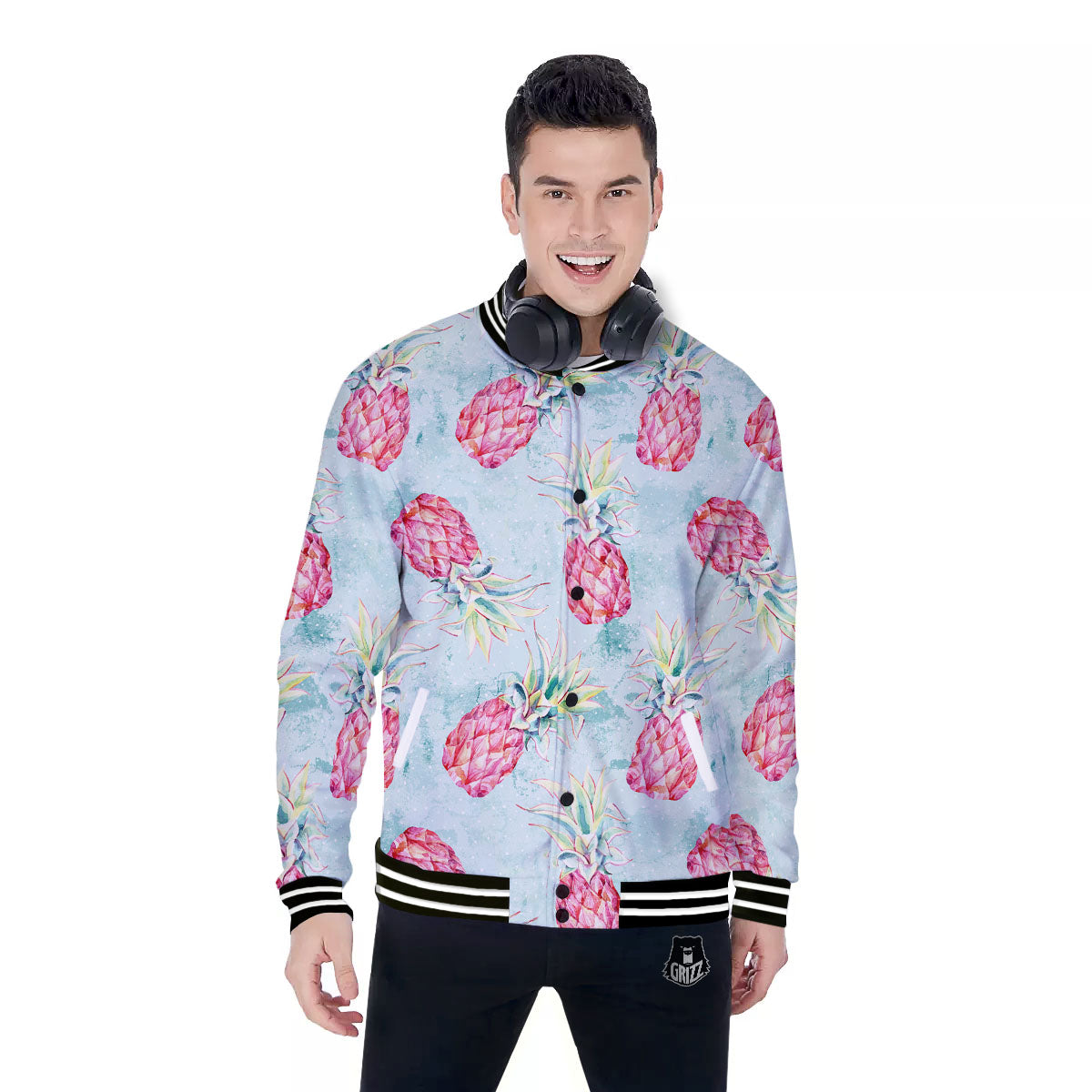 Pineapple Pink Watercolor Print Pattern Baseball Jacket-grizzshop