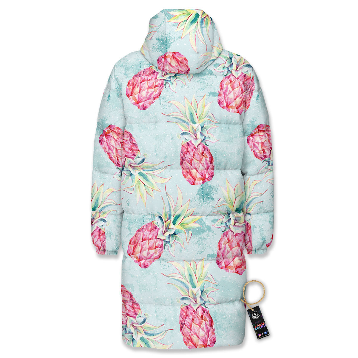 Pineapple Pink Watercolor Print Pattern Long Down Jacket-grizzshop