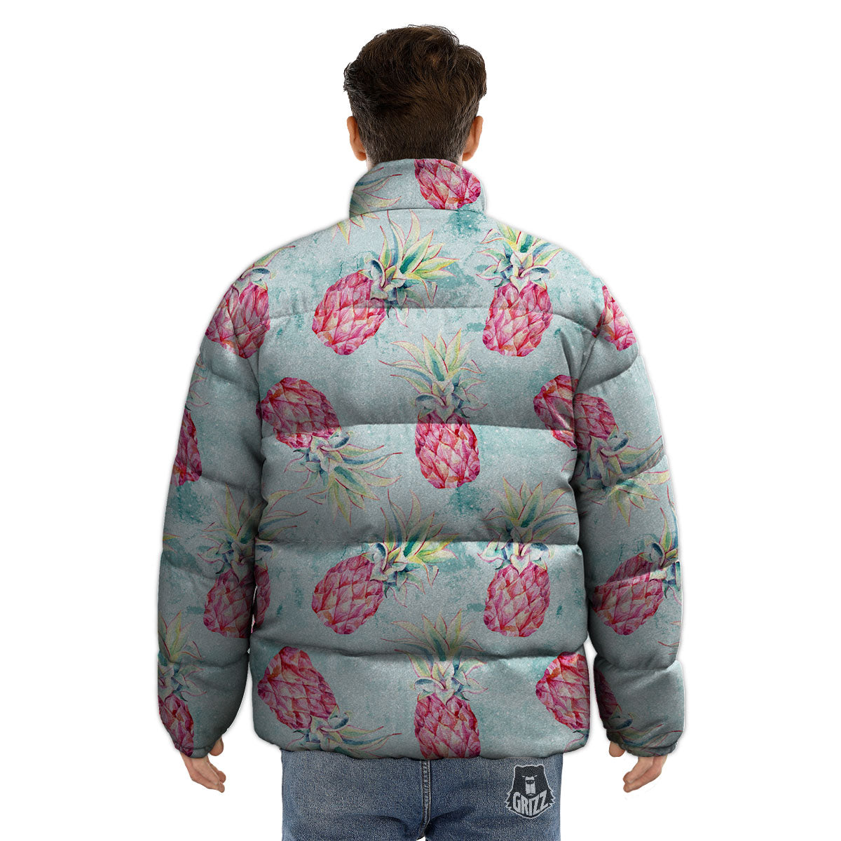 Pineapple Pink Watercolor Print Pattern Puffer Jacket-grizzshop