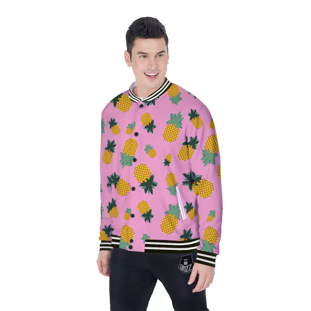 Pineapple Pixel Print Pattern Baseball Jacket-grizzshop
