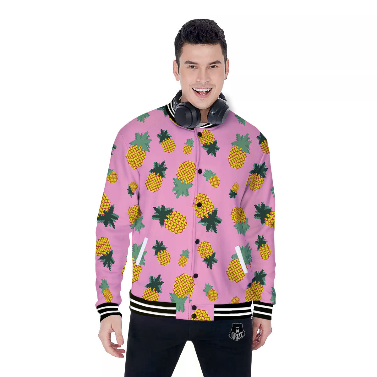 Pineapple Pixel Print Pattern Baseball Jacket-grizzshop