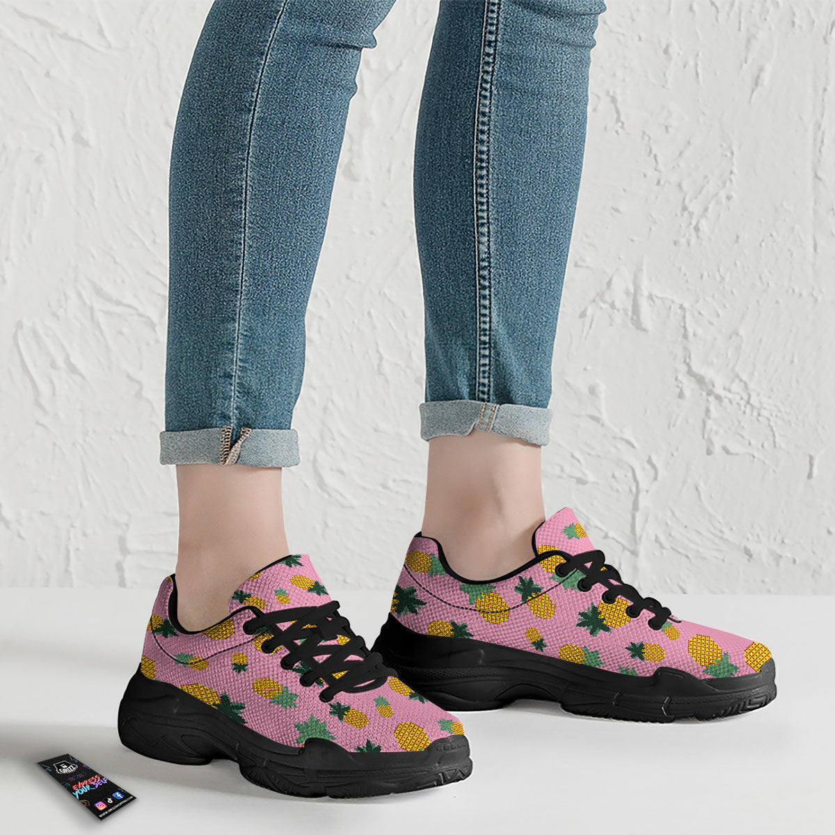 Pineapple Pixel Print Pattern Black Chunky Shoes-grizzshop
