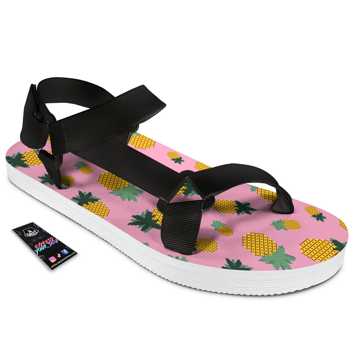 Pineapple Pixel Print Pattern Black Open Toe Sandals-grizzshop