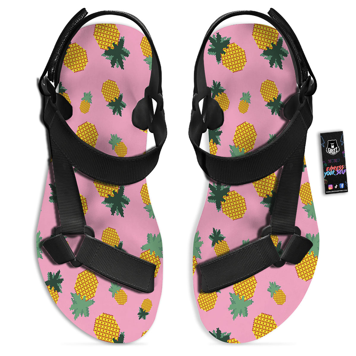 Pineapple Pixel Print Pattern Black Open Toe Sandals-grizzshop