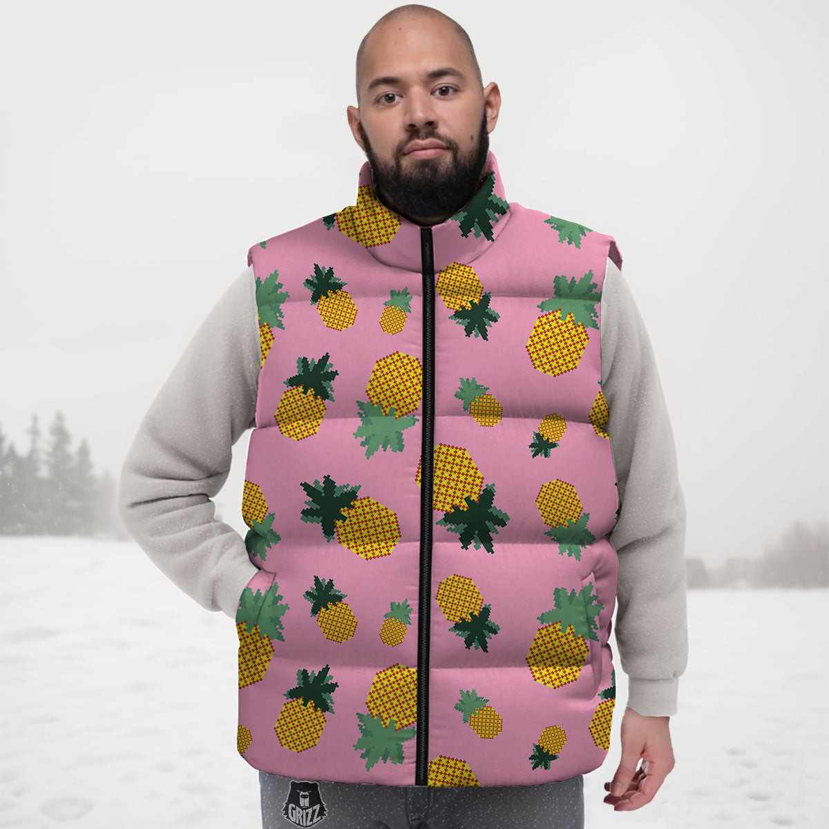 Pineapple Pixel Print Pattern Down Vest-grizzshop