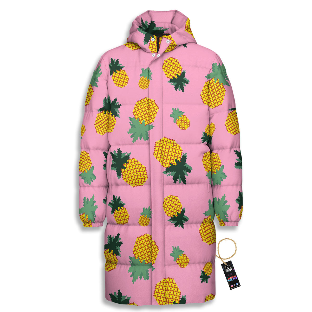Pineapple Pixel Print Pattern Long Down Jacket-grizzshop
