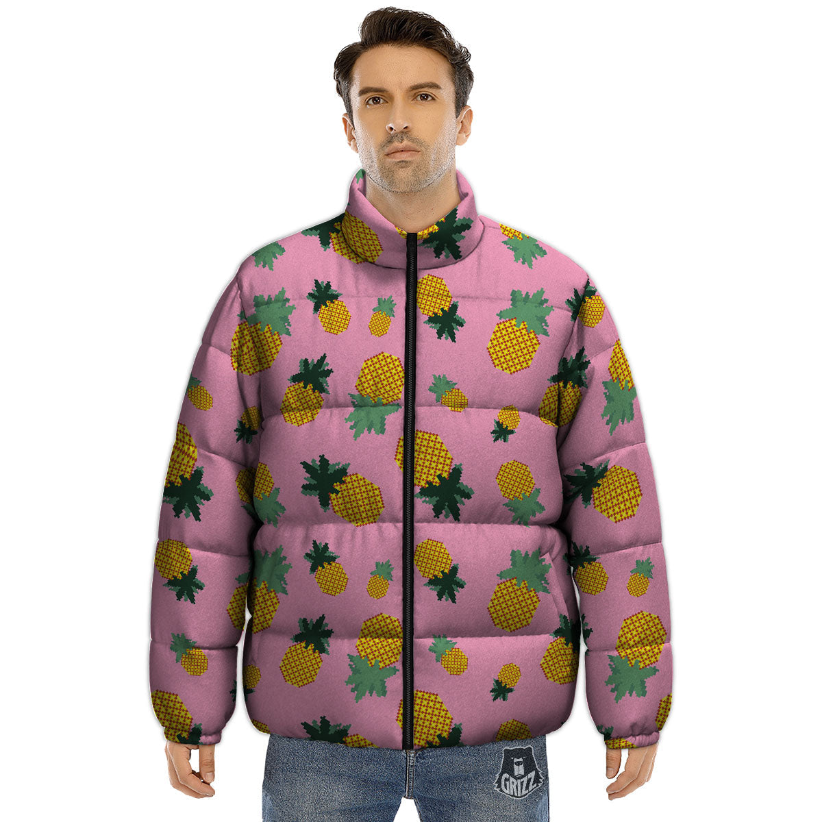 Pineapple Pixel Print Pattern Puffer Jacket-grizzshop