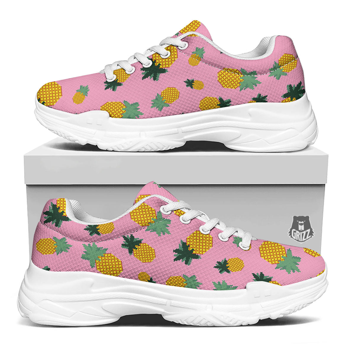 Pineapple Pixel Print Pattern White Chunky Shoes-grizzshop