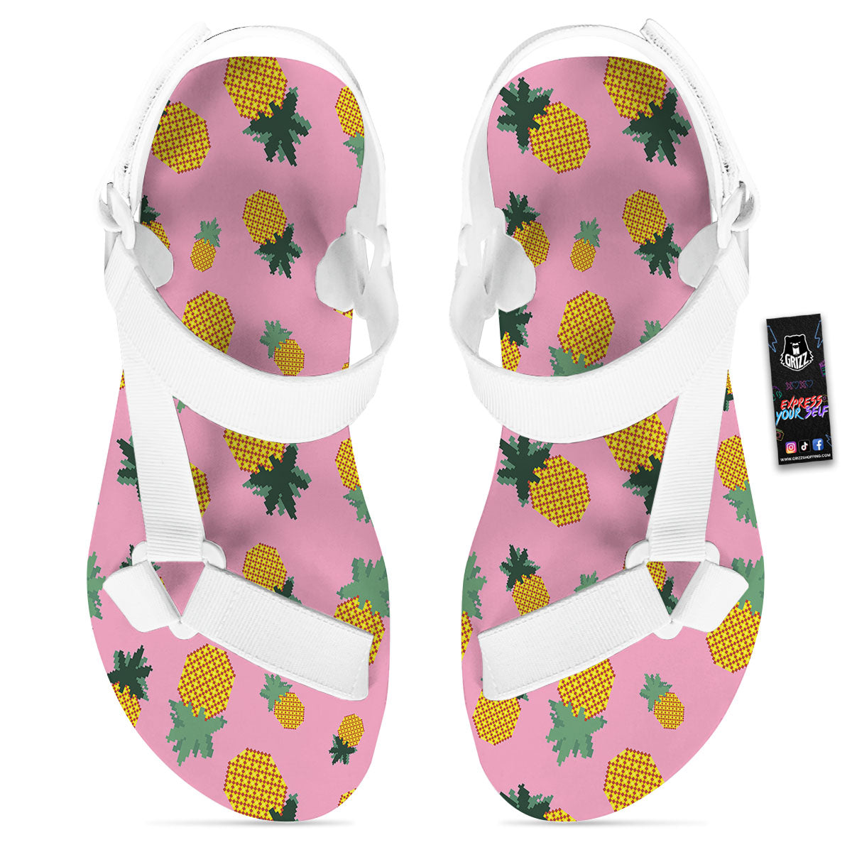 Pineapple Pixel Print Pattern White Open Toe Sandals-grizzshop