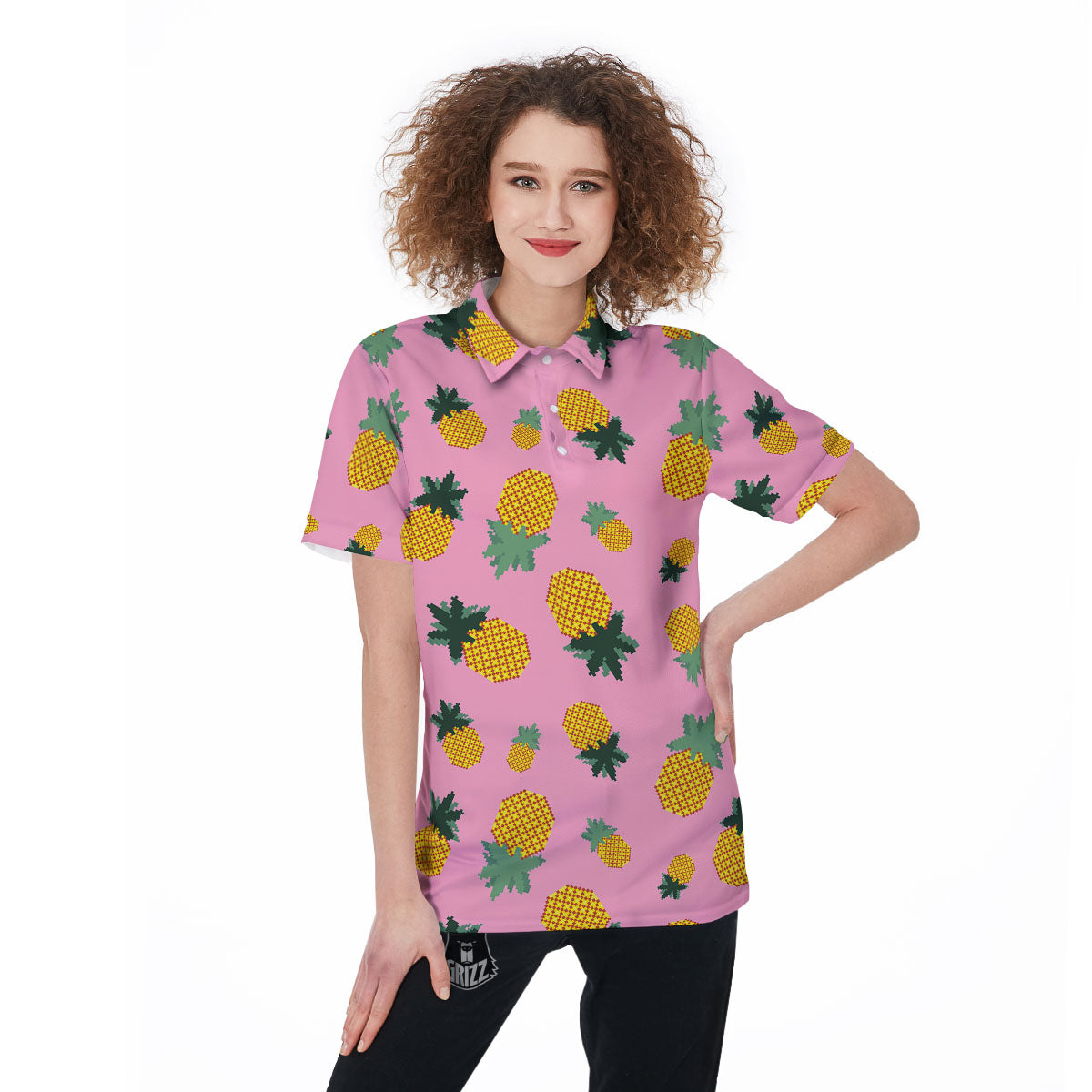 Pineapple Pixel Print Pattern Women's Golf Shirts-grizzshop