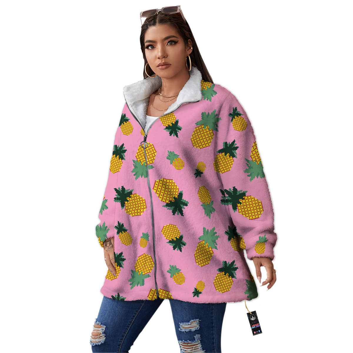 Pineapple Pixel Print Pattern Women's Sherpa Jacket-grizzshop