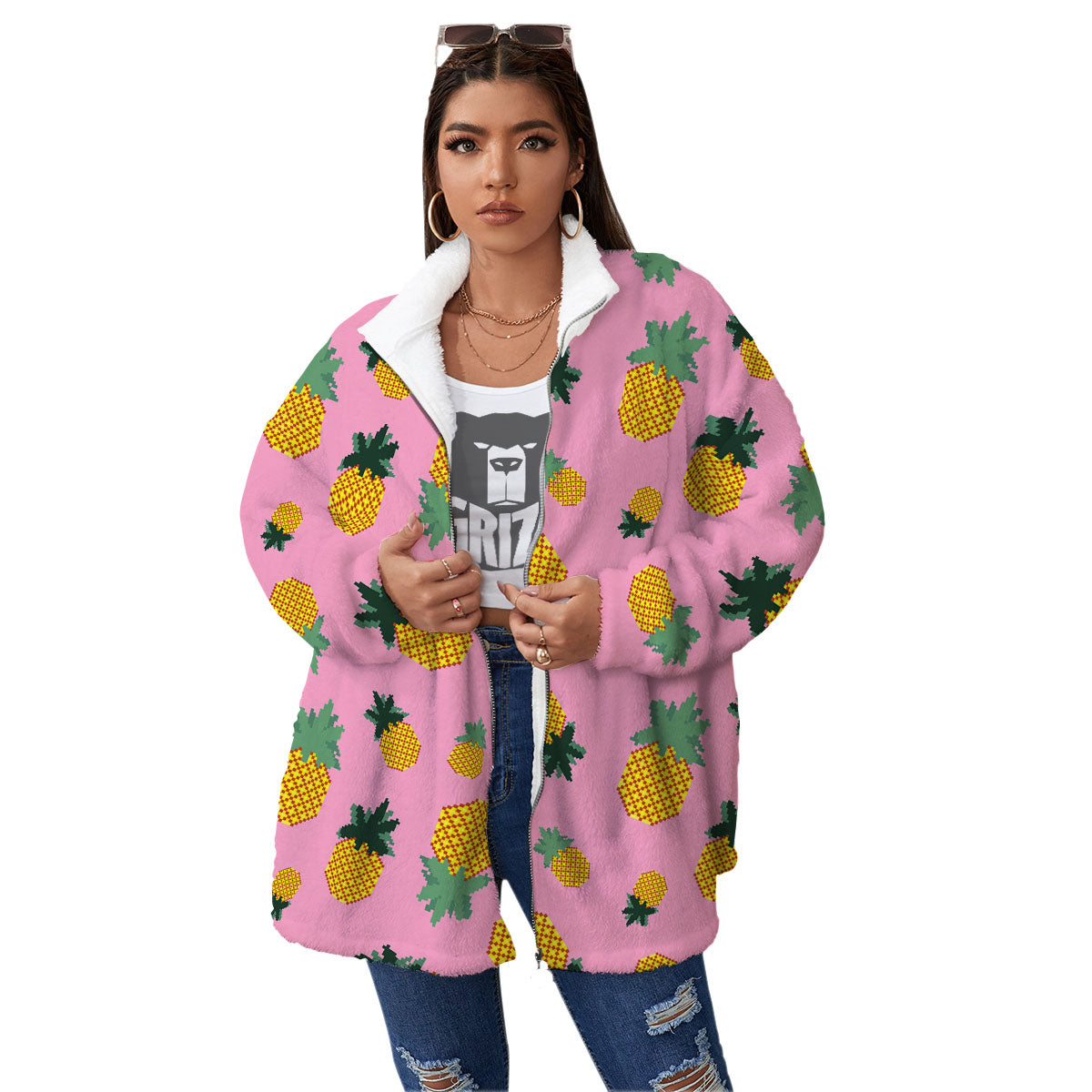 Pineapple Pixel Print Pattern Women's Sherpa Jacket-grizzshop