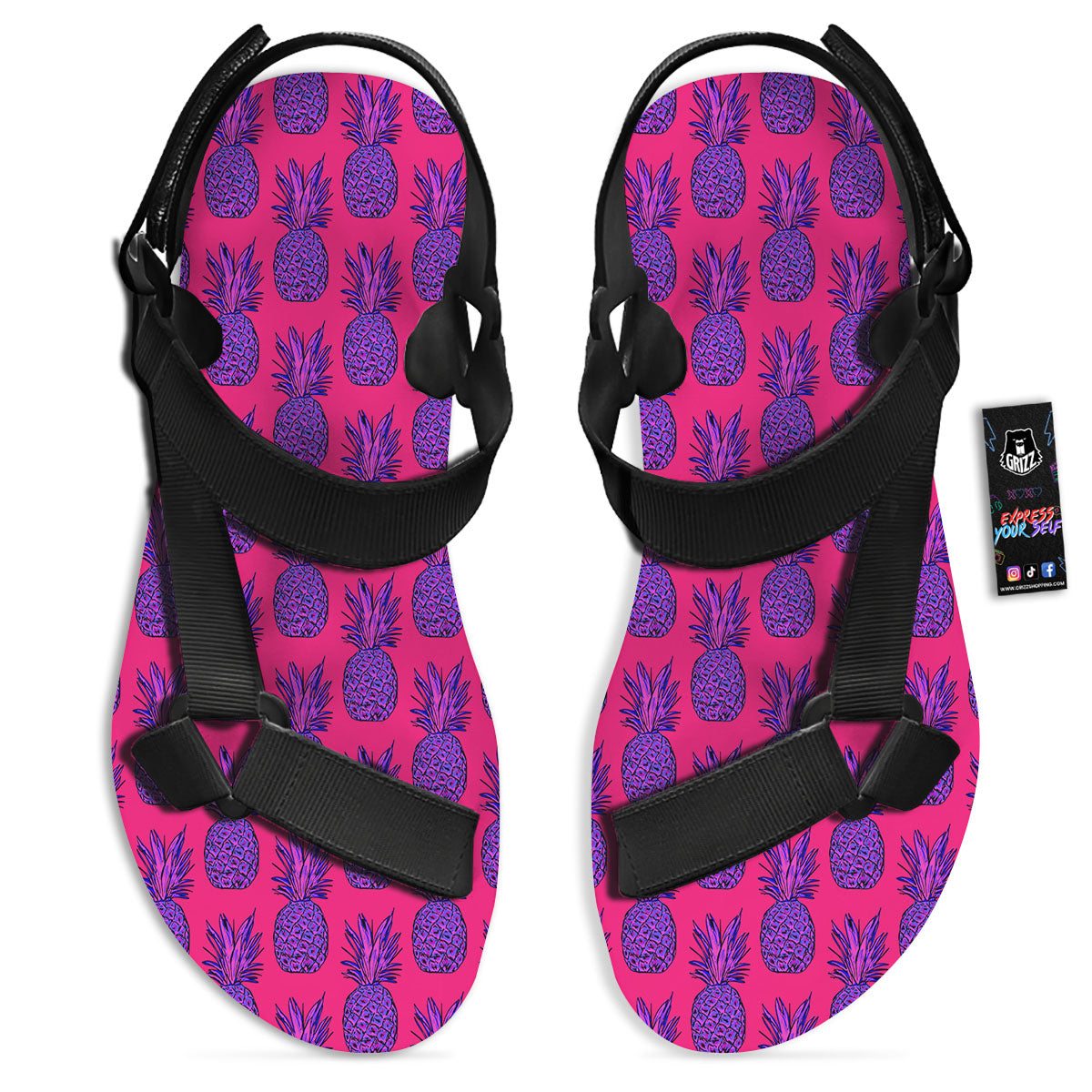 Pineapple Purple Print Pattern Black Open Toe Sandals-grizzshop