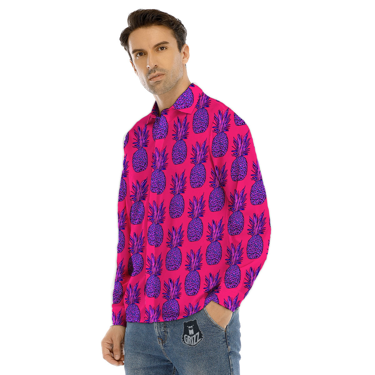 Pineapple Purple Print Pattern Men's Dress Shirts-grizzshop