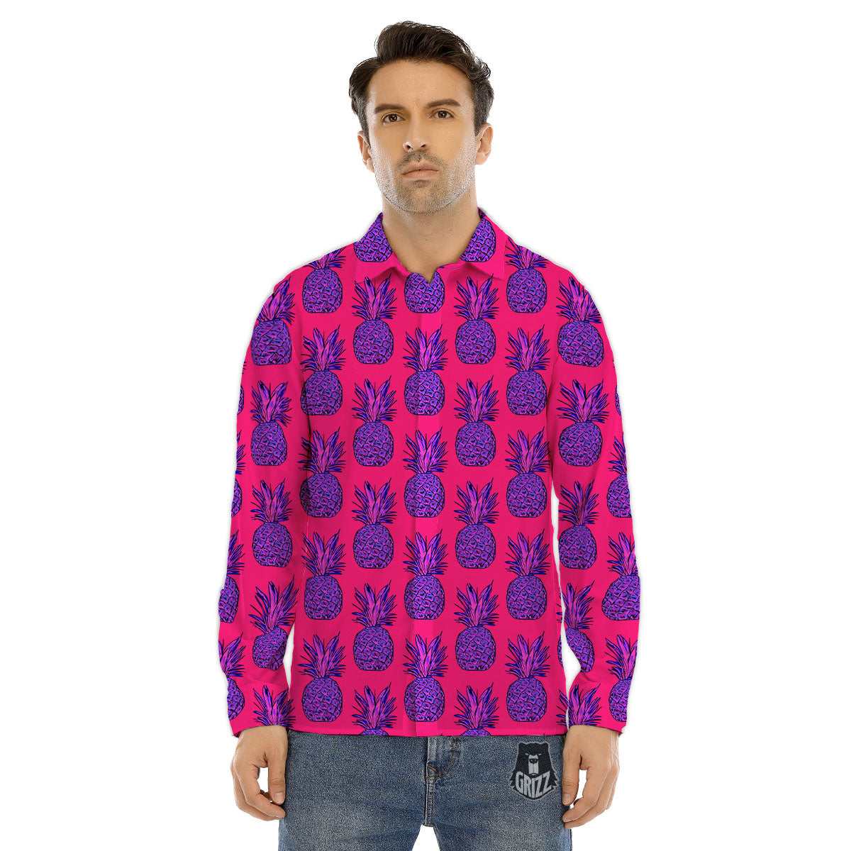 Pineapple Purple Print Pattern Men's Dress Shirts-grizzshop
