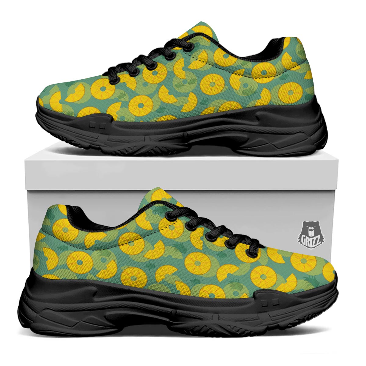 Pineapple Sliced Print Pattern Black Chunky Shoes-grizzshop