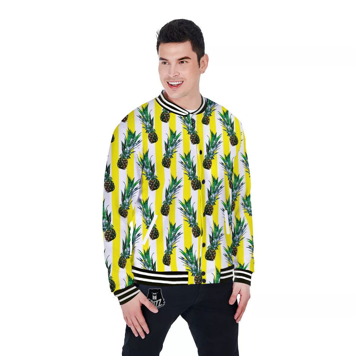Pineapple Striped Yellow Print Pattern Baseball Jacket-grizzshop