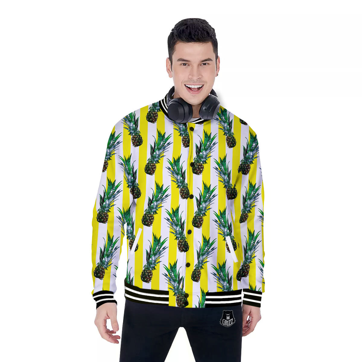 Pineapple Striped Yellow Print Pattern Baseball Jacket-grizzshop