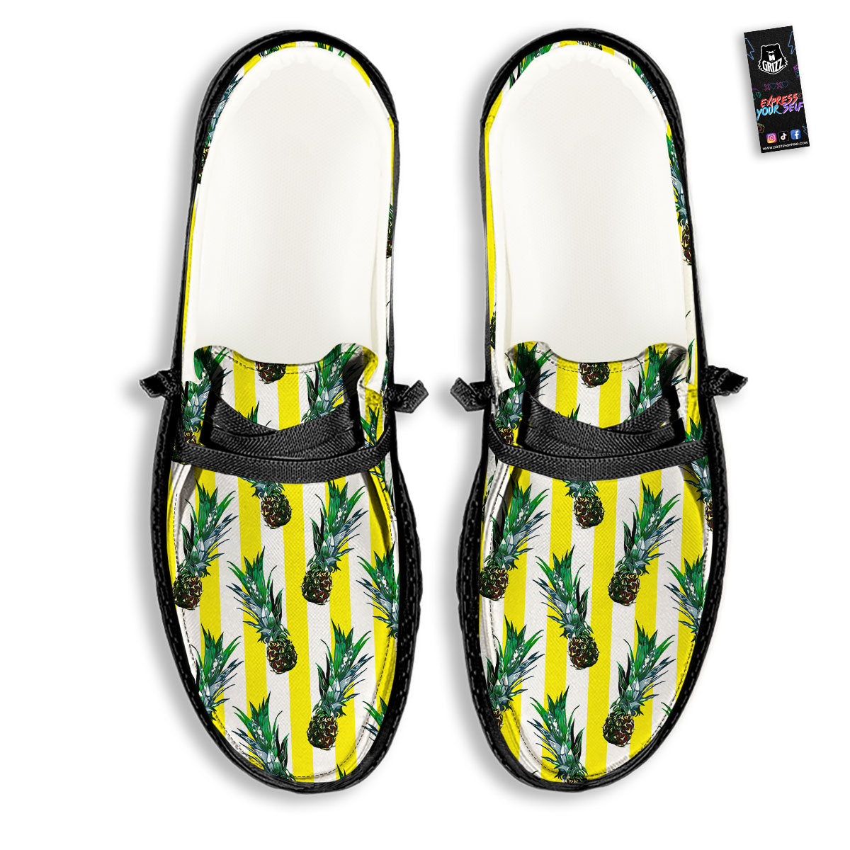 Pineapple Striped Yellow Print Pattern Black Loafers-grizzshop