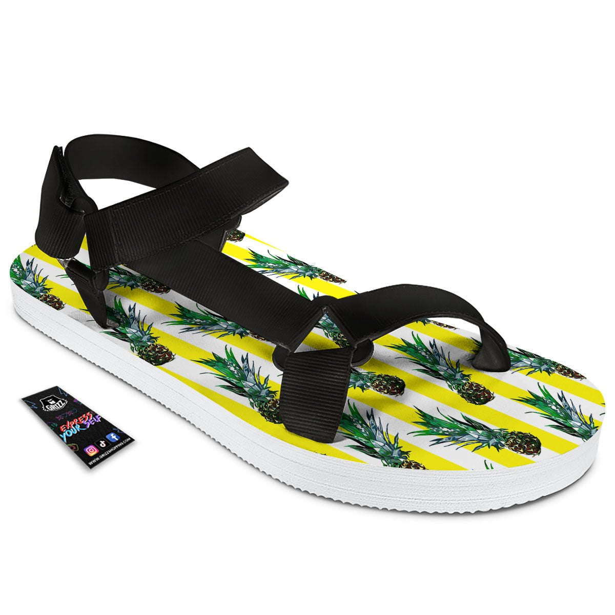 Pineapple Striped Yellow Print Pattern Black Open Toe Sandals-grizzshop
