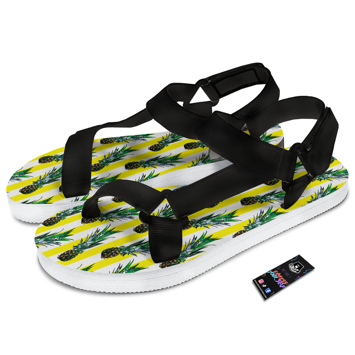 Pineapple Striped Yellow Print Pattern Black Open Toe Sandals-grizzshop
