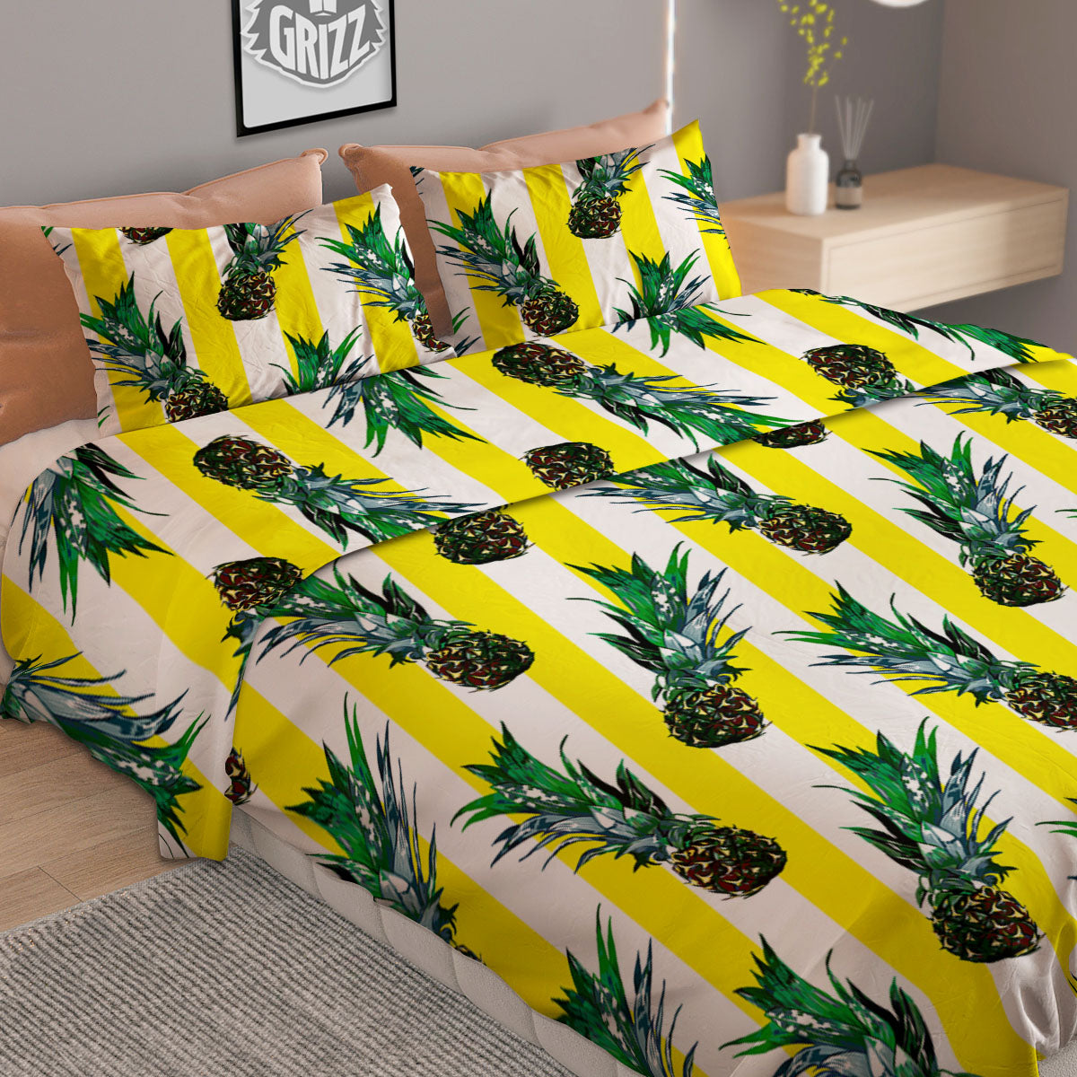 Pineapple Striped Yellow Print Pattern Duvet Cover Bedding Set