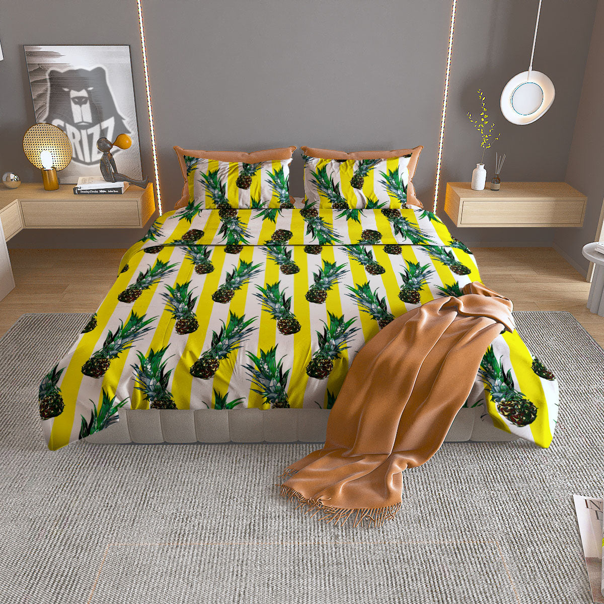 Pineapple Striped Yellow Print Pattern Duvet Cover Bedding Set