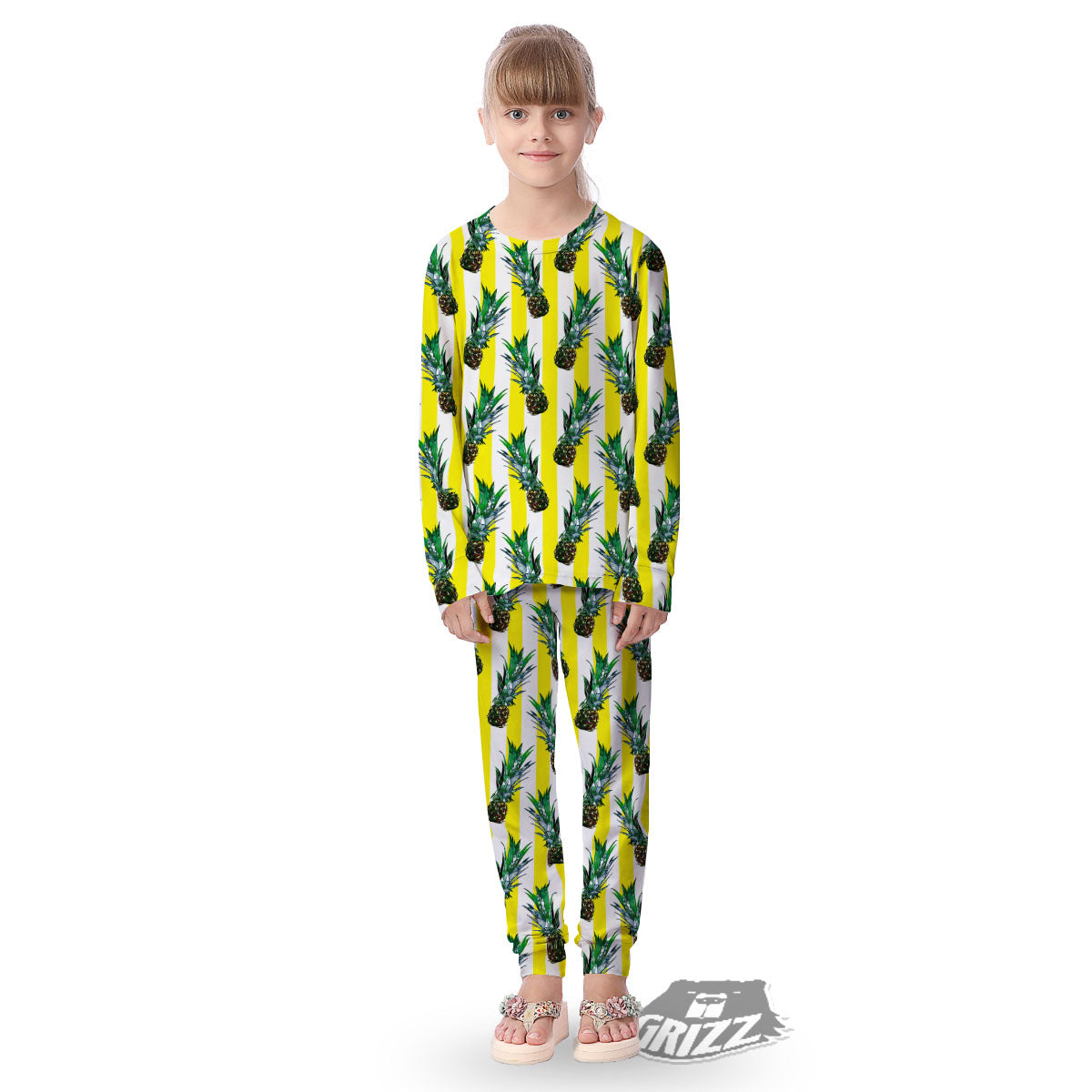 Pineapple Striped Yellow Print Pattern Kid's Pajamas-grizzshop
