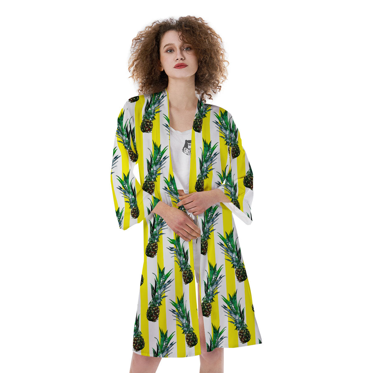 Pineapple Striped Yellow Print Pattern Kimono-grizzshop