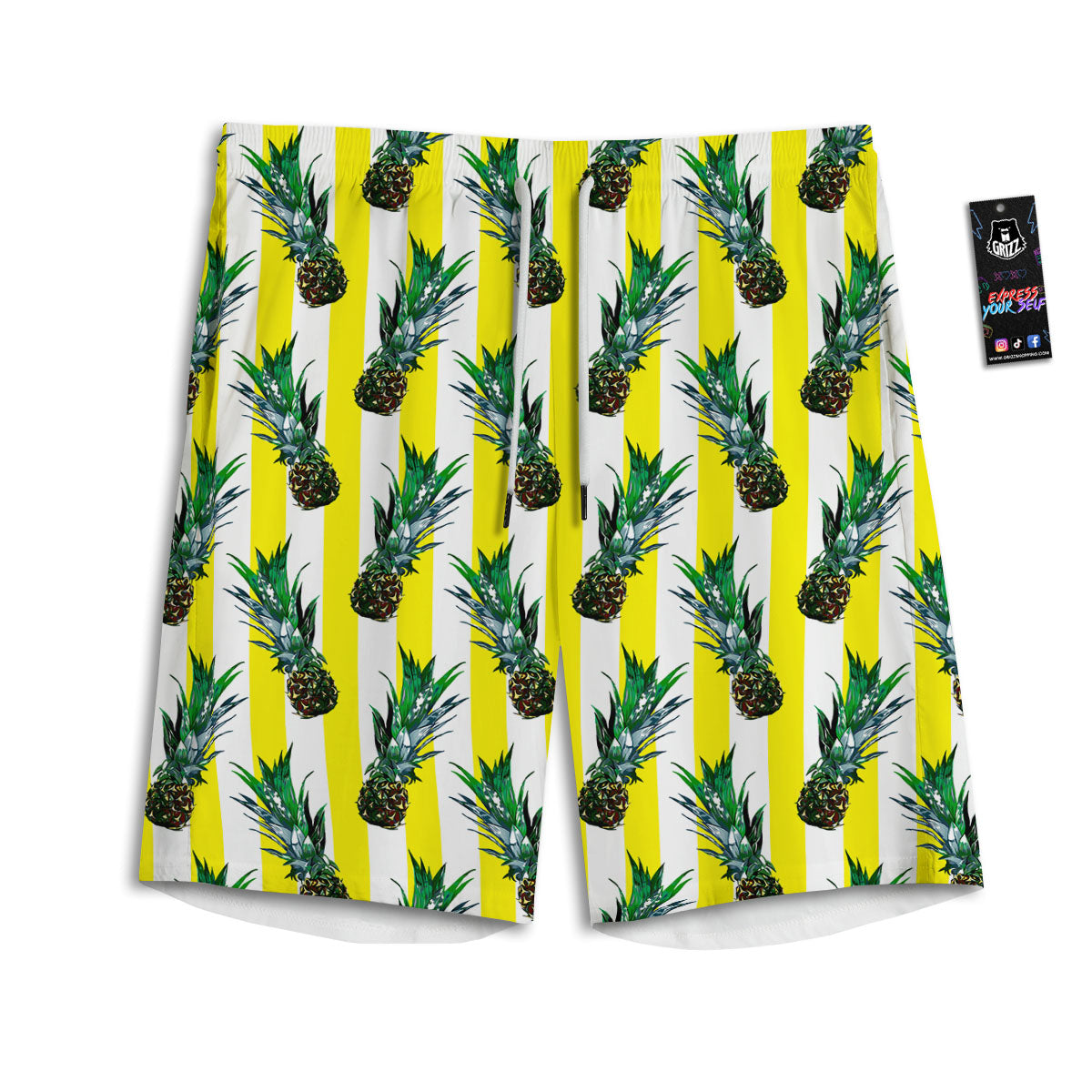 Pineapple Striped Yellow Print Pattern Men's Athletic Shorts