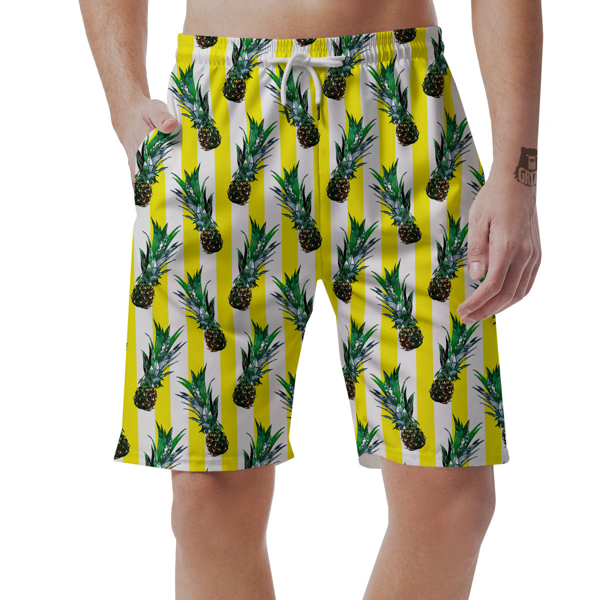 Pineapple Striped Yellow Print Pattern Men's Shorts-grizzshop