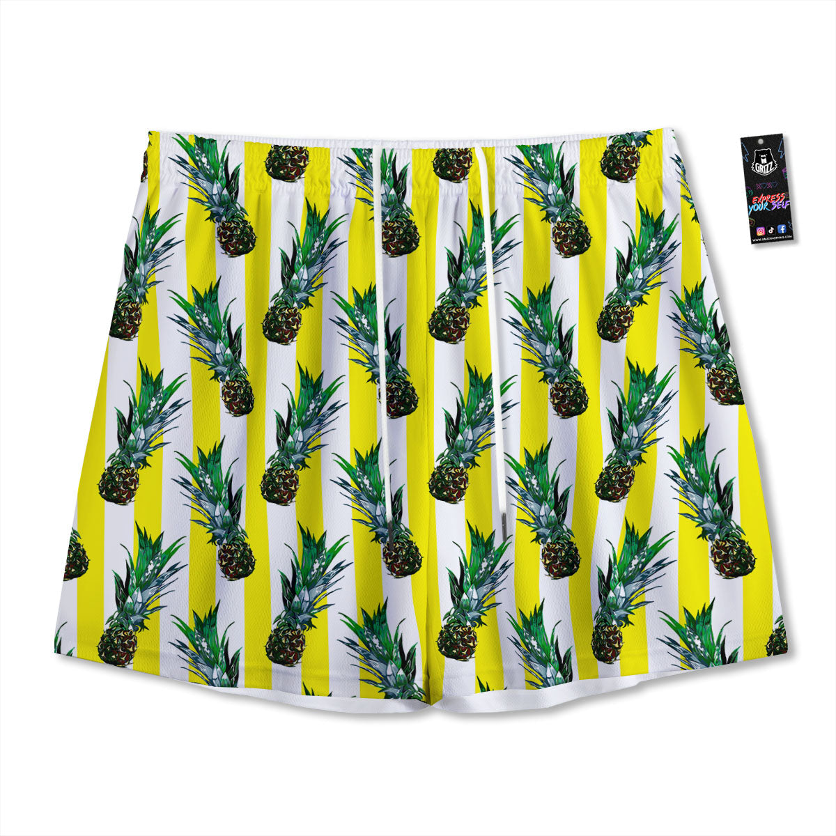 Pineapple Striped Yellow Print Pattern Mesh Shorts