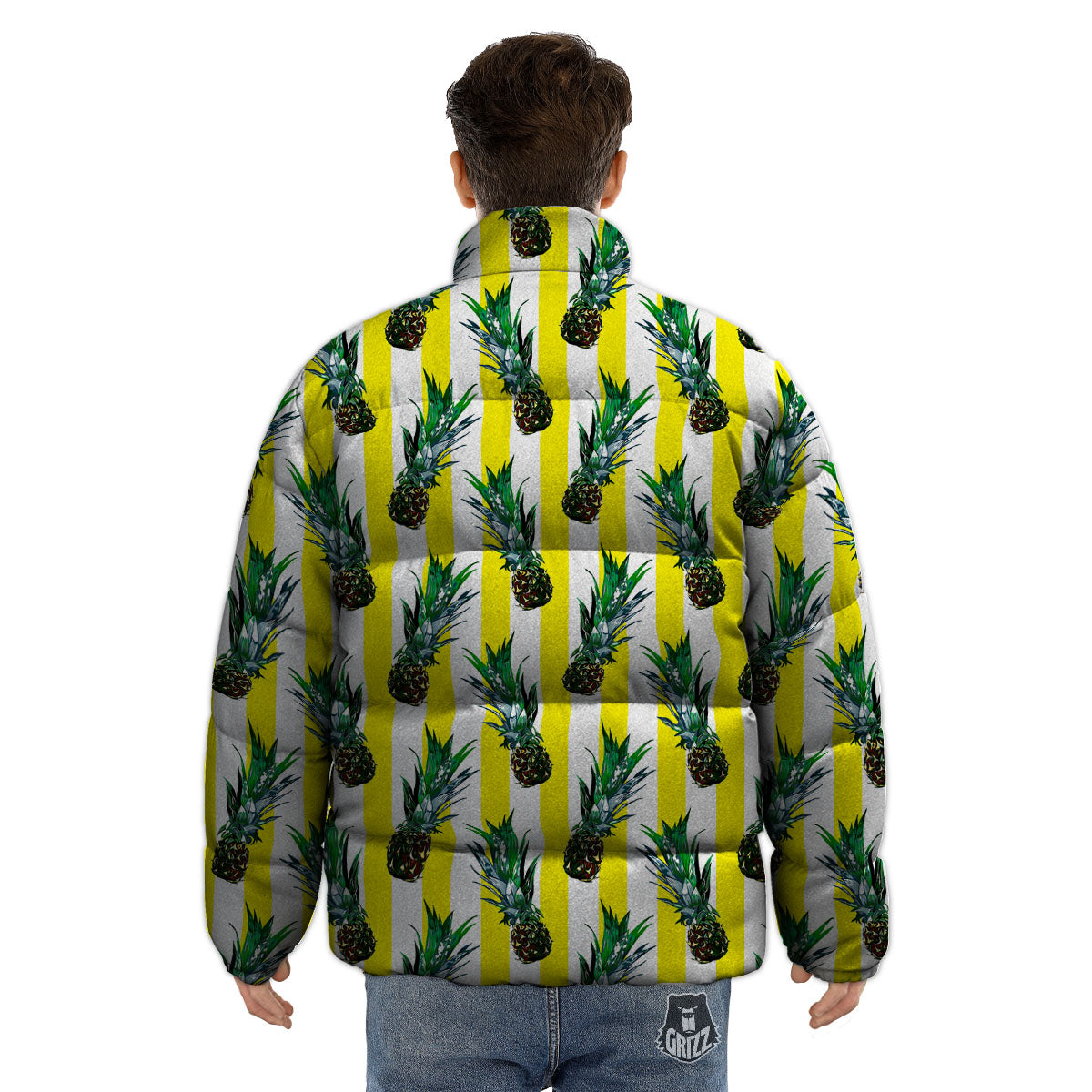 Pineapple Striped Yellow Print Pattern Puffer Jacket-grizzshop