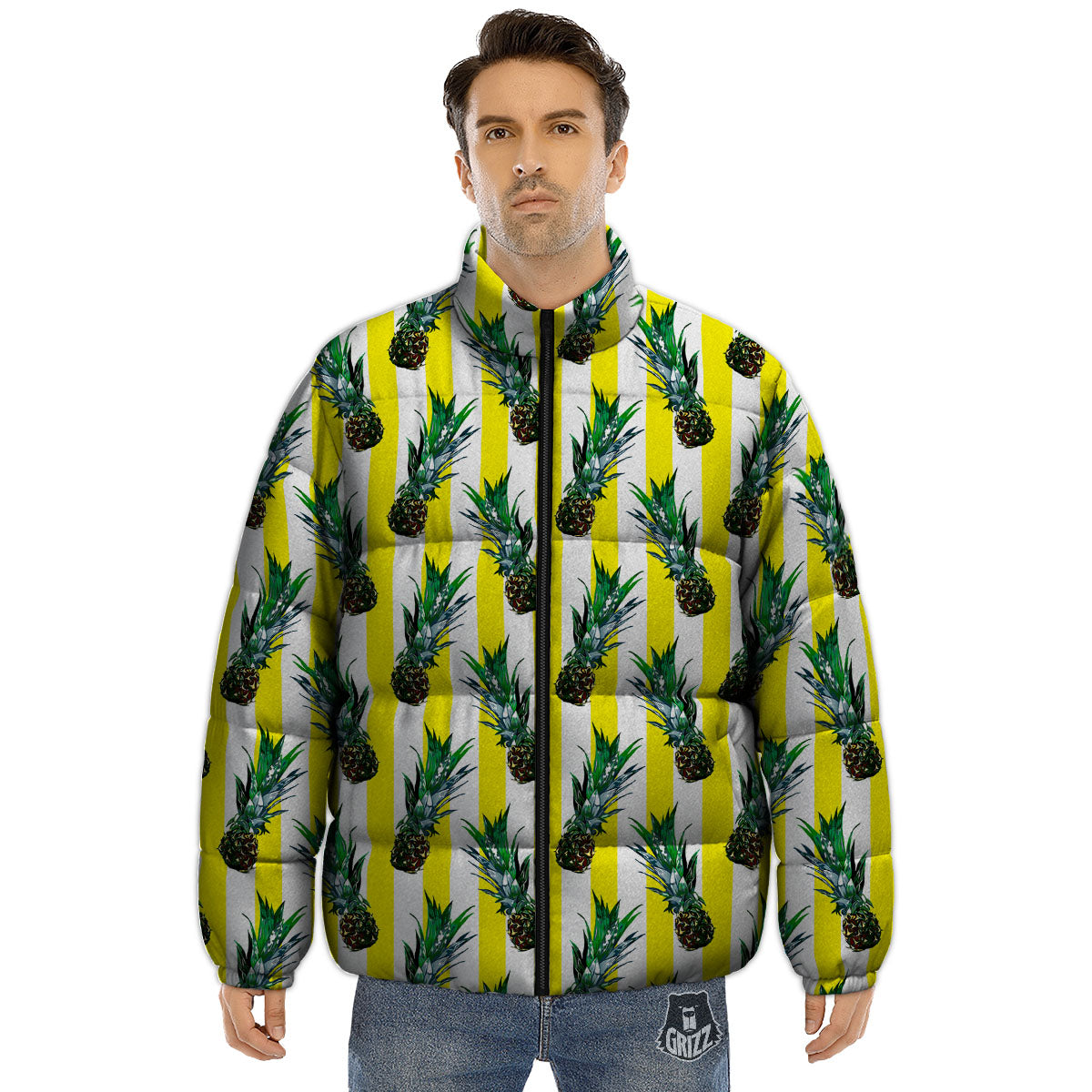 Pineapple Striped Yellow Print Pattern Puffer Jacket-grizzshop
