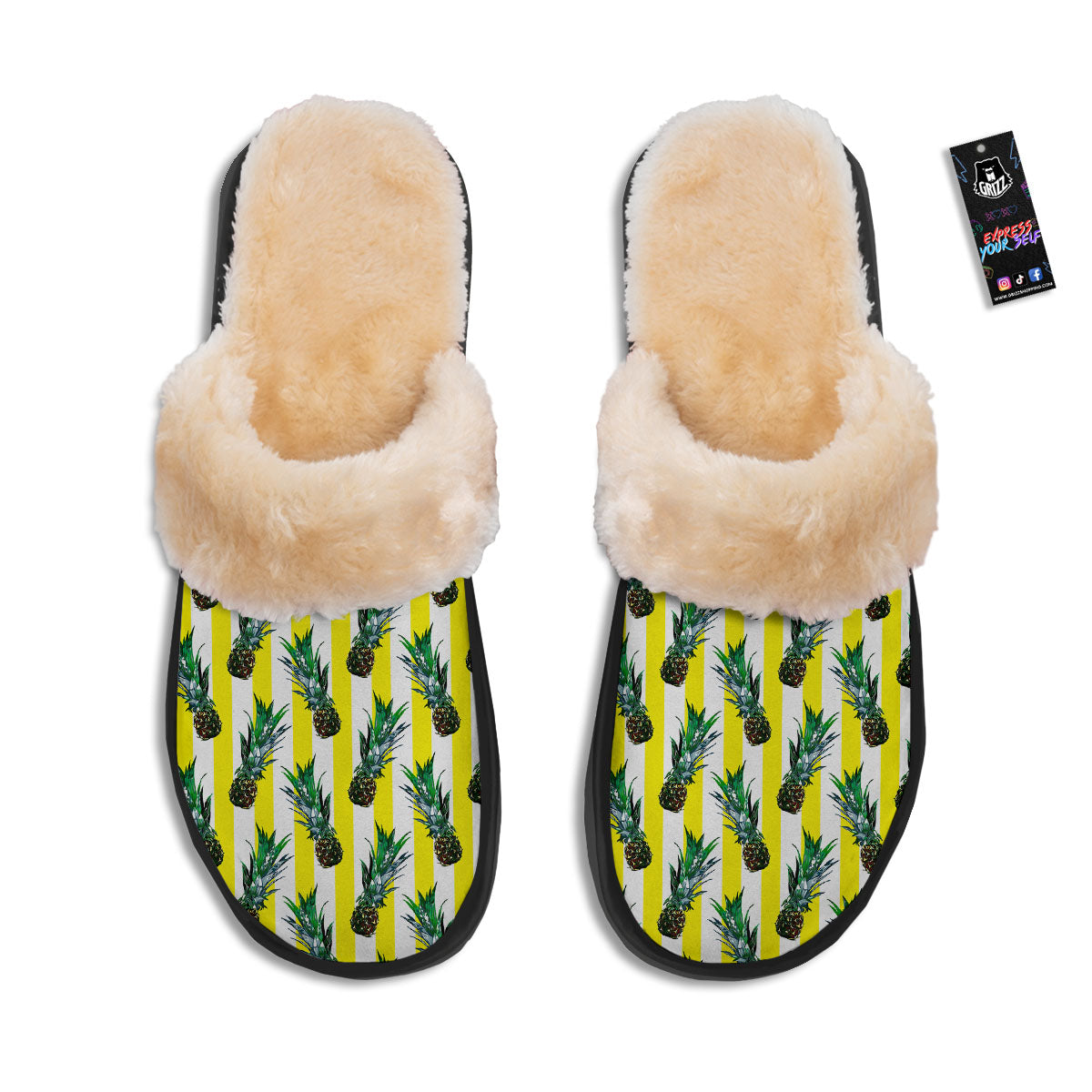 Pineapple Striped Yellow Print Pattern Slippers-grizzshop