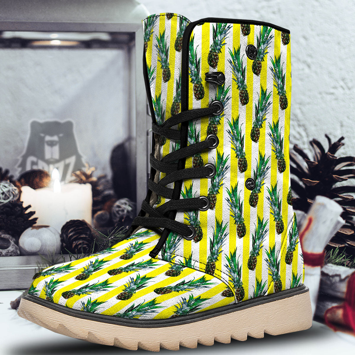 Pineapple Striped Yellow Print Pattern Snow Boots-grizzshop
