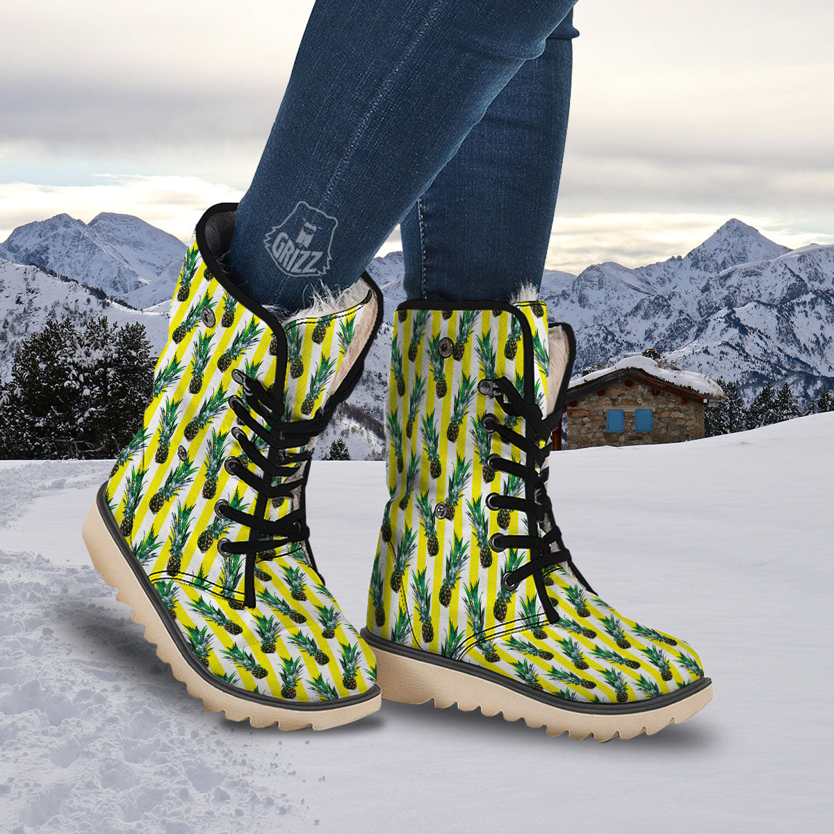 Pineapple Striped Yellow Print Pattern Snow Boots-grizzshop