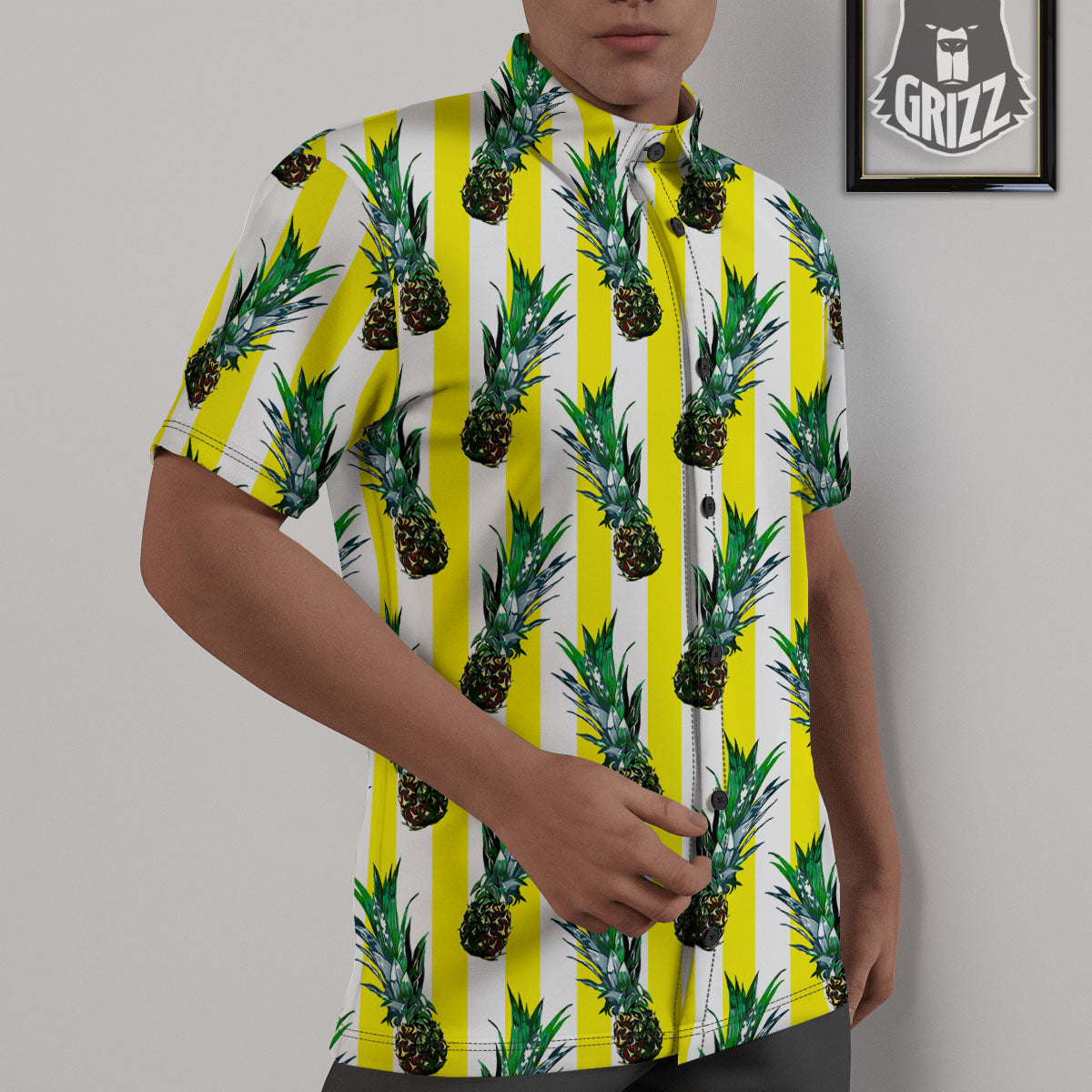 Pineapple Striped Yellow Print Pattern Untucked Shirts-grizzshop
