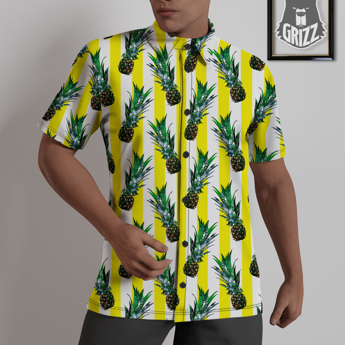 Pineapple Striped Yellow Print Pattern Untucked Shirts-grizzshop