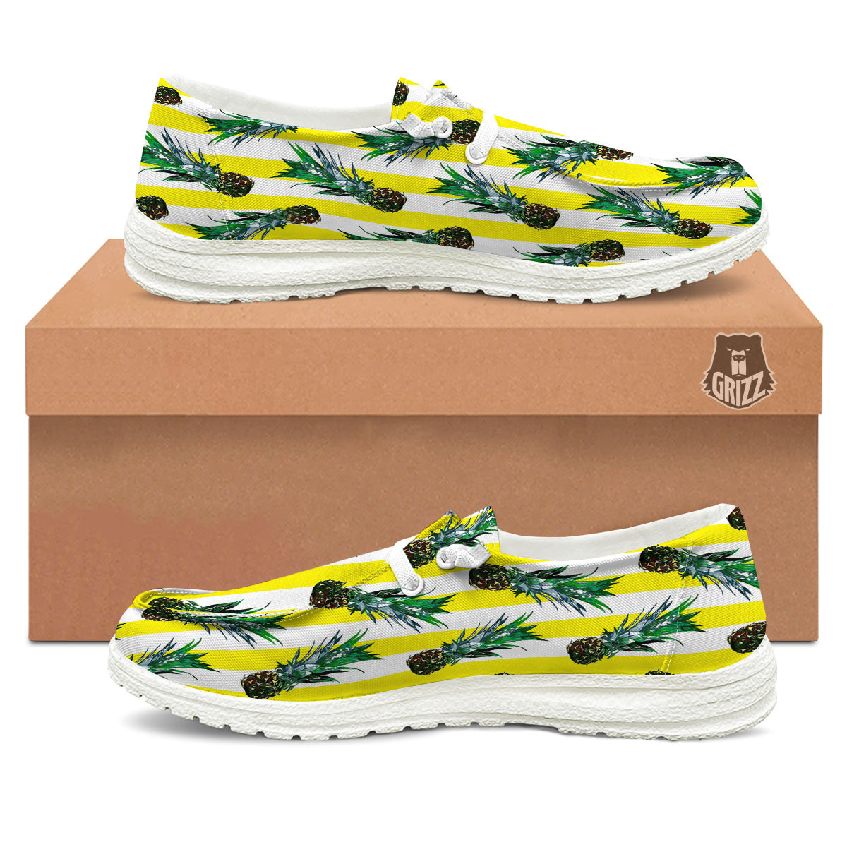 Pineapple Striped Yellow Print Pattern White Loafers-grizzshop