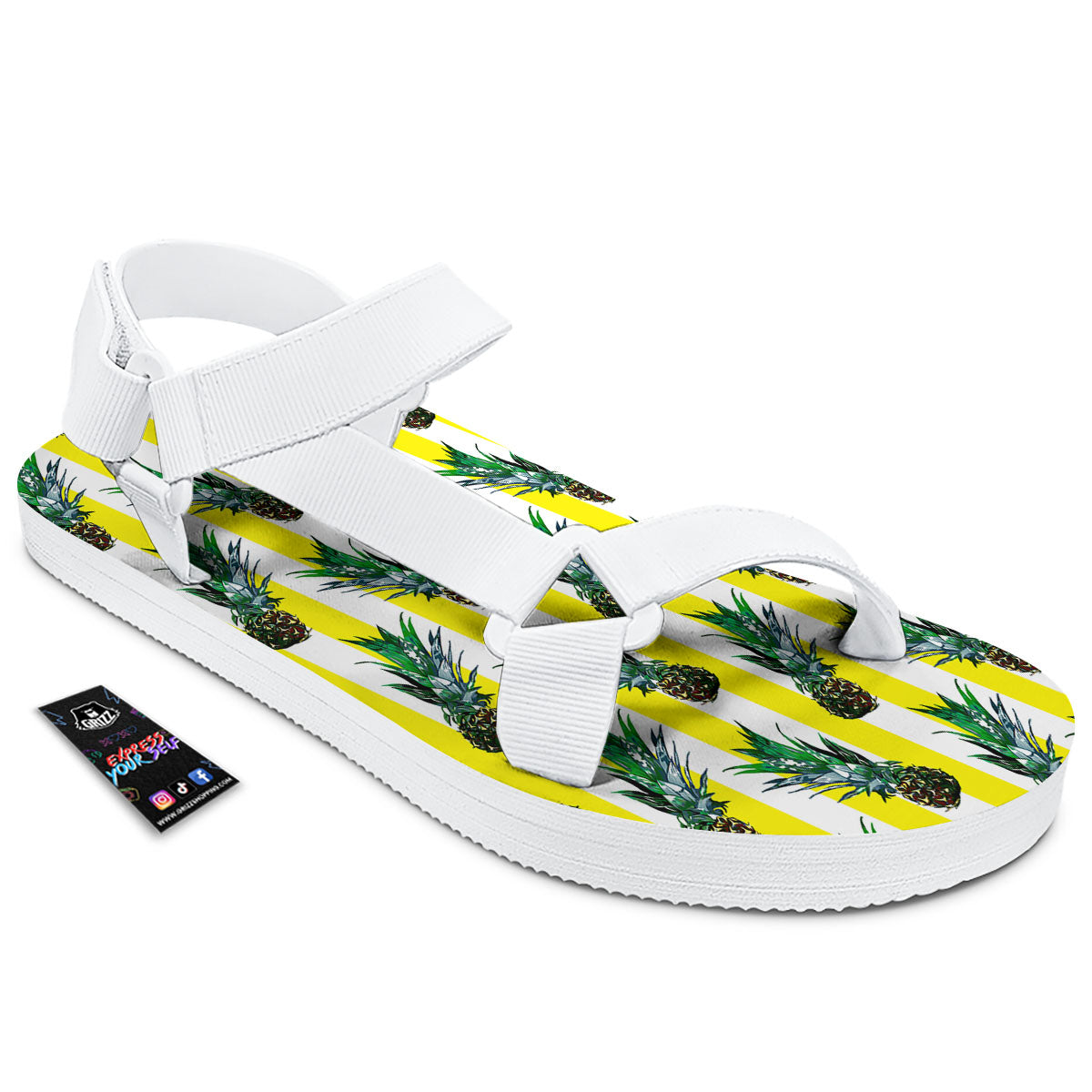 Pineapple Striped Yellow Print Pattern White Open Toe Sandals-grizzshop