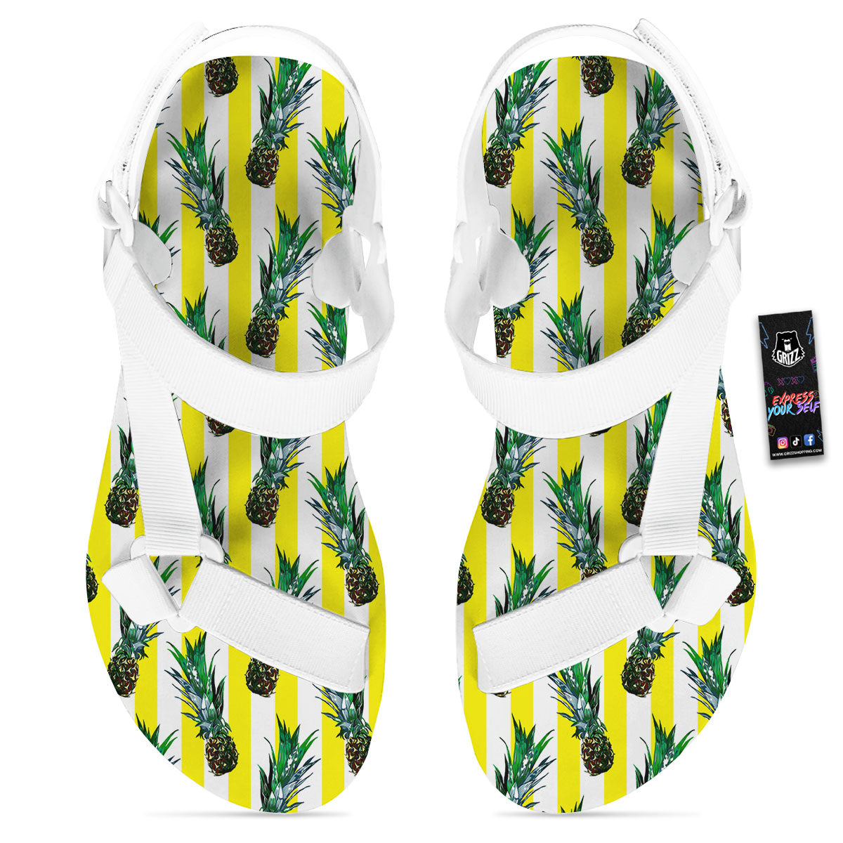 Pineapple Striped Yellow Print Pattern White Open Toe Sandals-grizzshop
