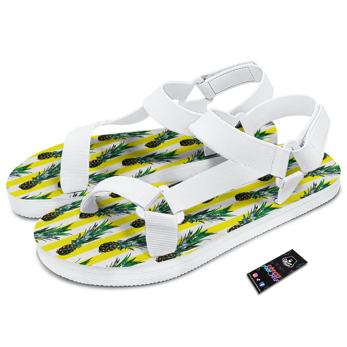 Pineapple Striped Yellow Print Pattern White Open Toe Sandals-grizzshop