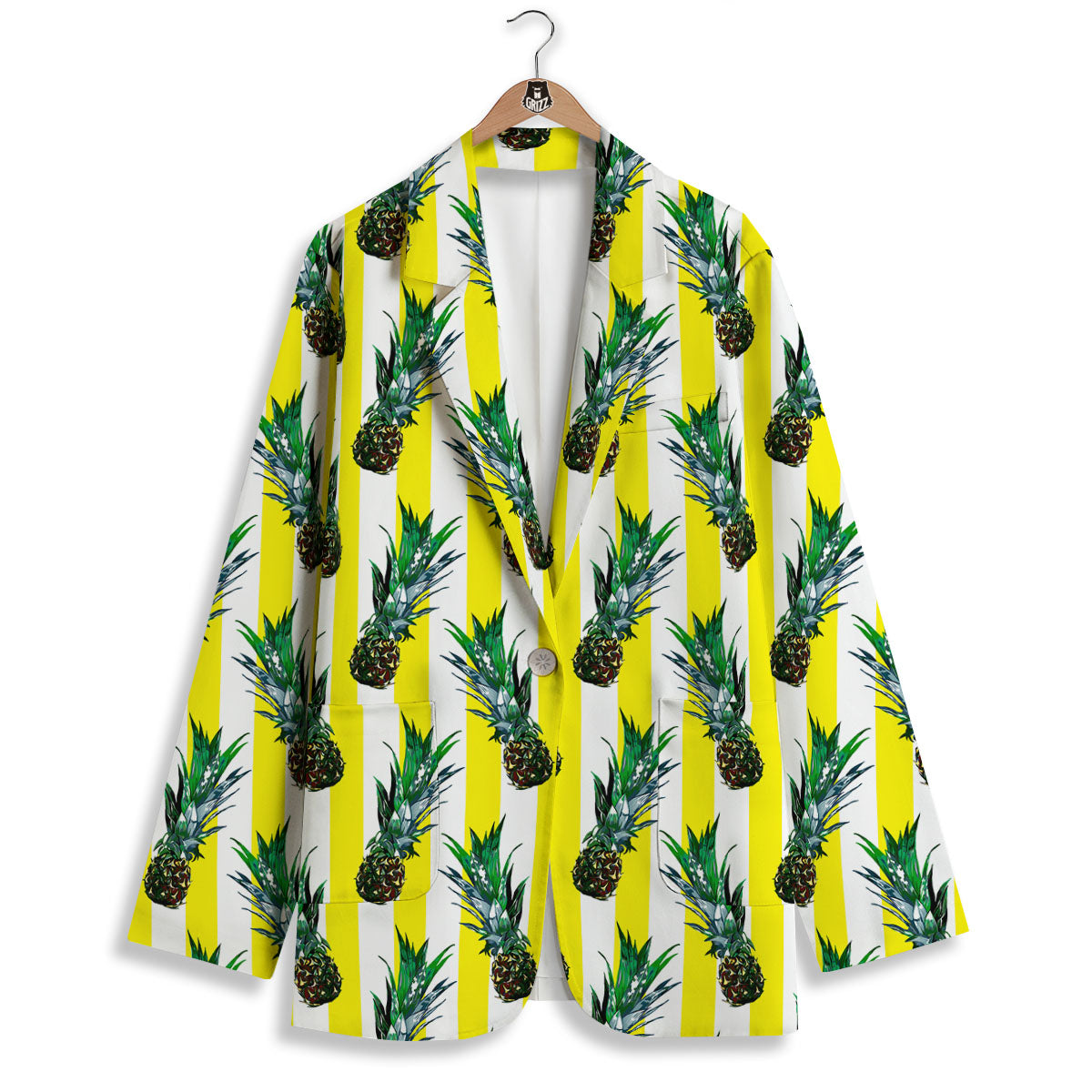 Pineapple Striped Yellow Print Pattern Women's Blazer-grizzshop